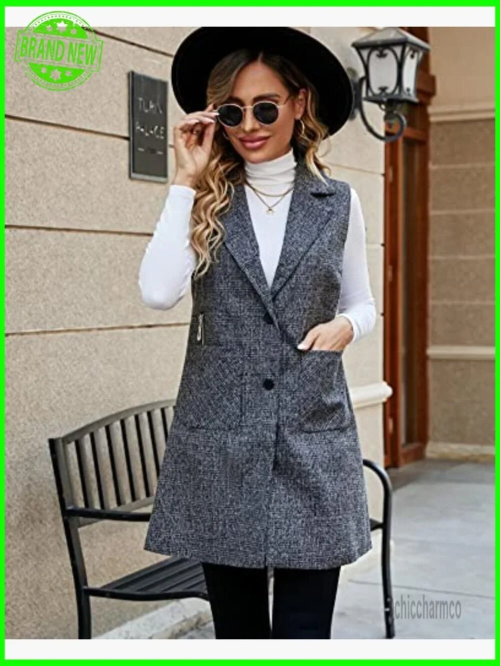 Sleeveless Tweed Blazer Jacket Longline Vest Outerwear Women